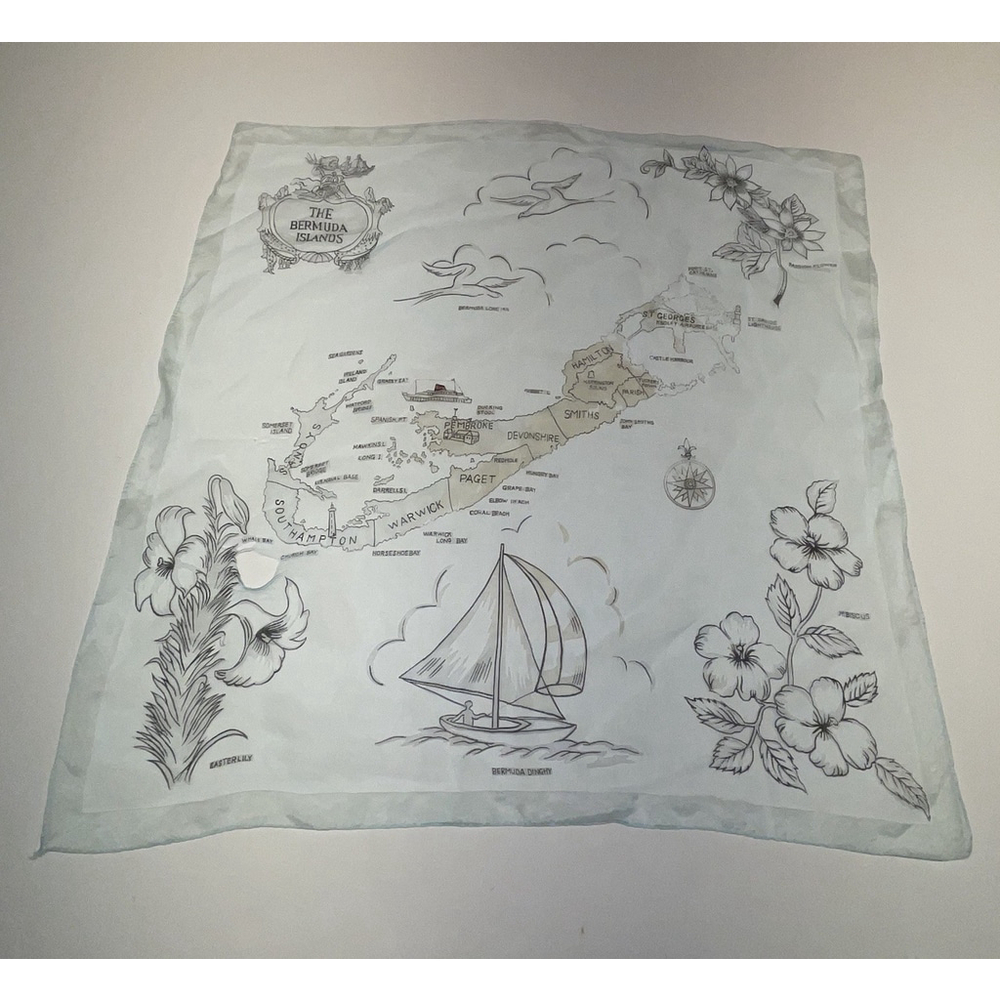 Vintage Bermuda Islands Souvenir Scarf Map Floral Sailboat Travel Keepsake FLAWS